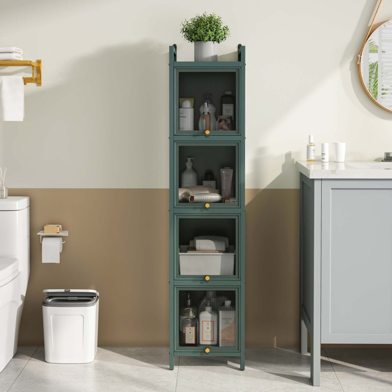 Modern Four-Tier Glass Door Cabinet With Featuring 5-Tier Storage, For Entryway Living Room Bathroom Dining Room, Dark Green
