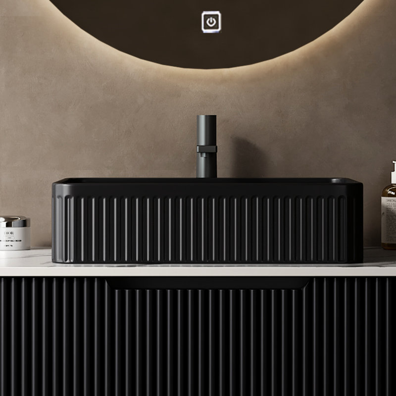 Récipient rectangulaire de 20 po en céramique noire dans la salle de bain, sans robinet, surface facile à entretenir, lavabo d'armoire sans rebords incurvés, eau immobile