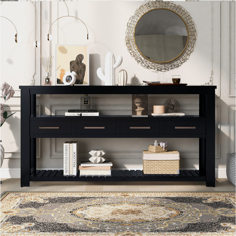61.52'' Modern Console Table with 4 Drawers and Open Shelves, Black