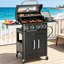Black Four-Burner Propane Oven With Frying Pan Set, Includes Side Burner, Multi-Functional For Outdoor Cooking.