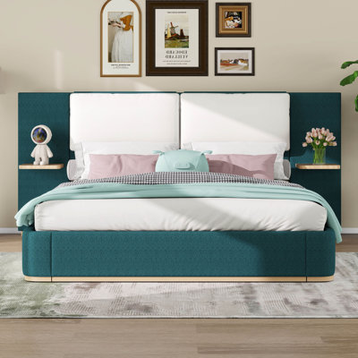Queen Size Upholstered Platform Bed, Modern Bed Frame With Soft Rounded Corners & Headboard, Storage Space & Side Panels