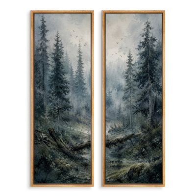 Forêt de pins bleus mélancoliques avec lac et oiseaux - Décoration nature - Ensemble de 2 impressions sur toile encadrées 60" x 20" x 2