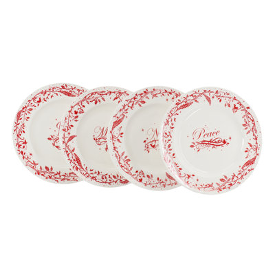 Martha Stewart Holiday Vines 4 Piece 9 Inch Fine Ceramic Dessert Plate Set in Red