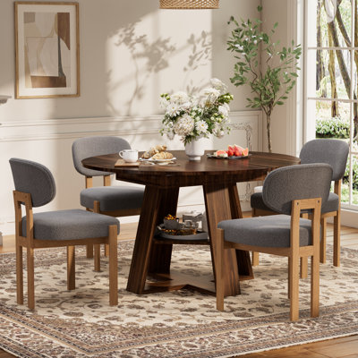 Multi-Functional 43.3"-59" Extendable Dining Set With Storage Shelf And Chenille Fabric Chairs, Space-Saving Family Dining Table Set