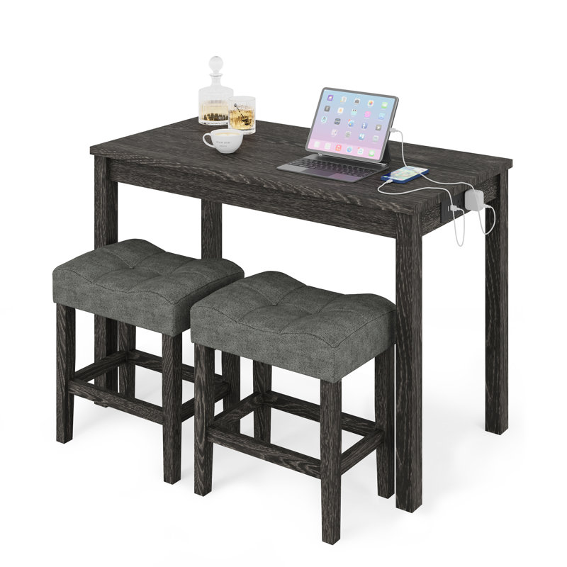 Shrivas Bar Table and Chairs Set, 3-Piece Dining Table Set for 2 with Built-in USB and Power Outlets, Counter Height Table and 2 Bar Stools Space Saving for Dining Room Living Room Small Kitchen