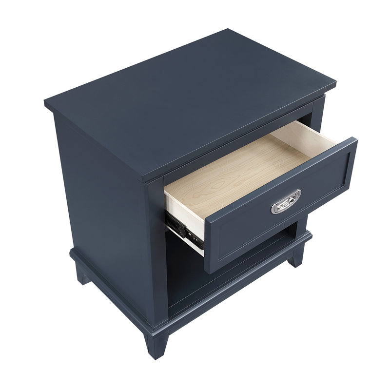 Sely Nightstand, 1 Drawer W Open Cubby, White Wood, Ring Handle, Navy Blue