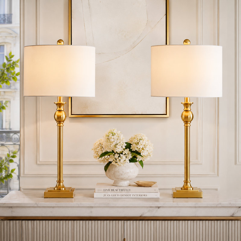 Augrave 28" Modern Polished Brass Metal Table Lamp with USB Port and Empire Shade, Polished Brass