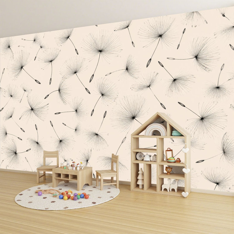 Papier peint adhésif mural pissenlit minimaliste noir H 100 po x l 144 po Peel and Stick, 144'' L x 100'' W