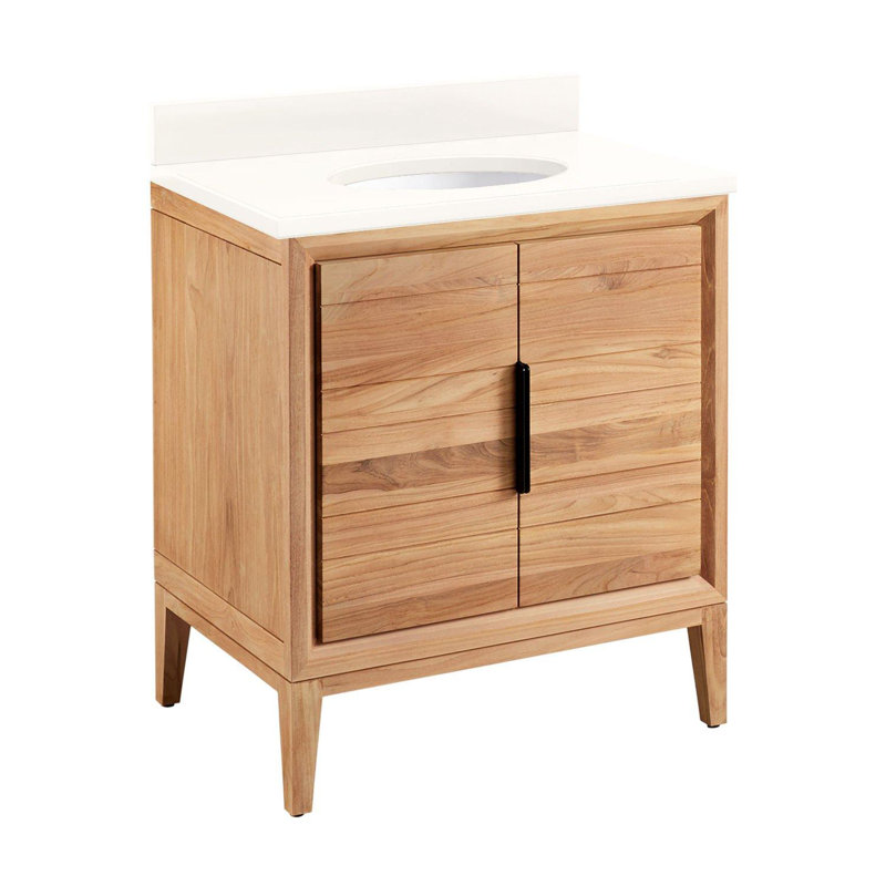 30" Aliso Single Bathroom Vanity Set with Oval Undermount Sink, 8" Widespread, Arctic White Quartz, Natural Teak