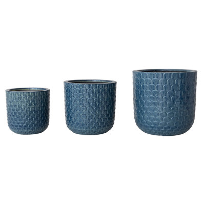 Embossed Lightweight Eco Stone Round Indoor/Outdoor Planter Set with Drainage Holes