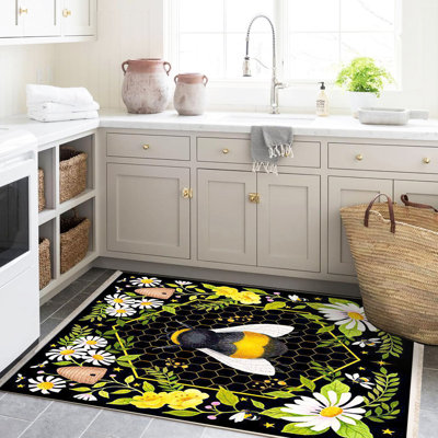 Tapis décoratif moderne à motif d'abeilles et de fleurs à motif noir Barcelona Collection