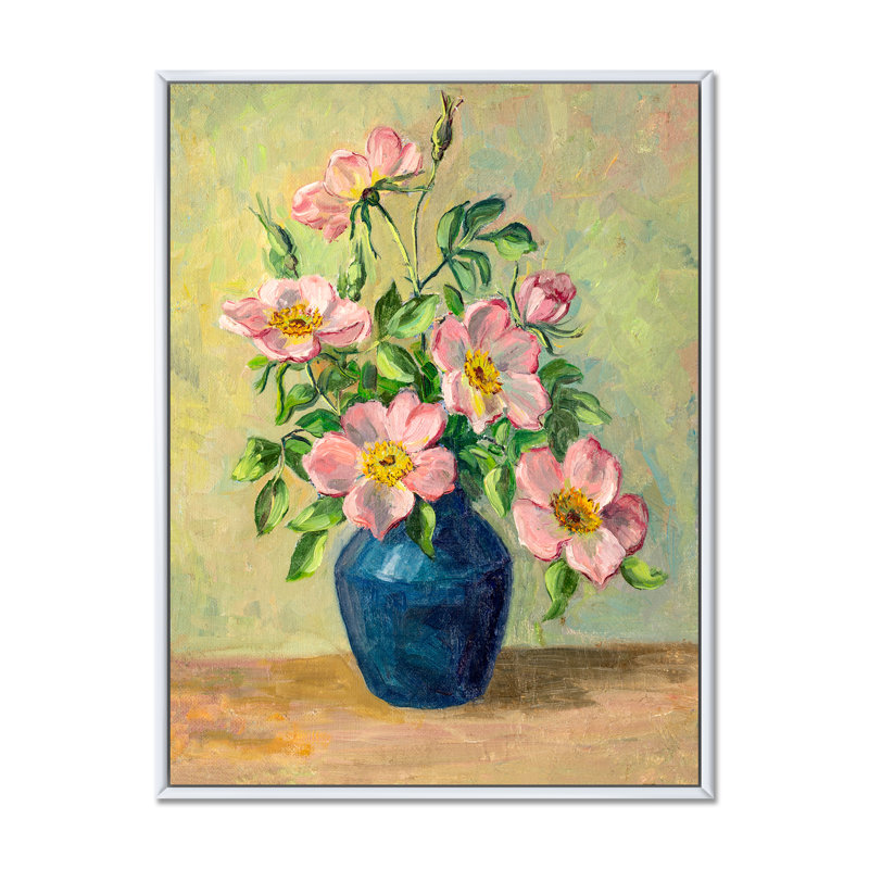 Fleurs roses dans un vase bleu - Peinture sur toile encadrée, H 40 po x l 30 po x P 1,5 po, Toile à cadre flottant blanc