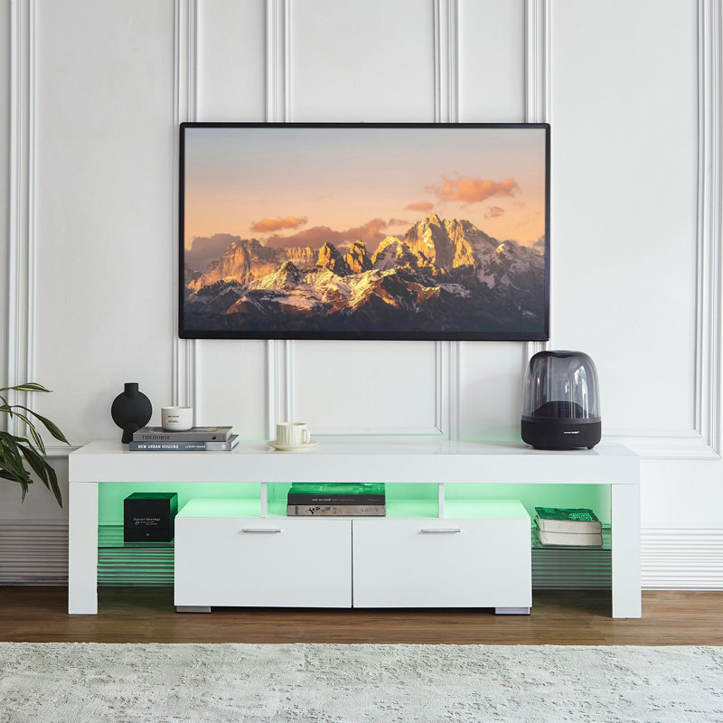Meuble télé 63 po pour téléviseur de 75 po ou moins, console multimédia moderne avec lumière DEL RVB, Blanc