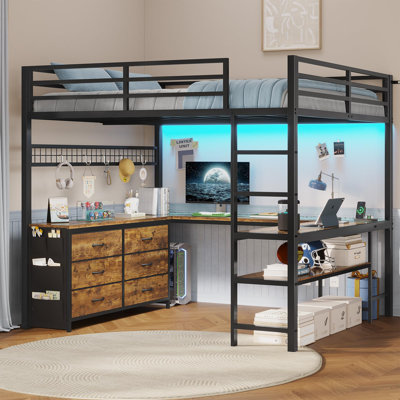 Loft Bed Full Size With U-shaped Desk, 6 Storage Drawers, Power Outlet, Led Metal Loft Bed With 2 Storage Shelves, Bed With Safety Guardrail & Ladders, No Box Spring Needed