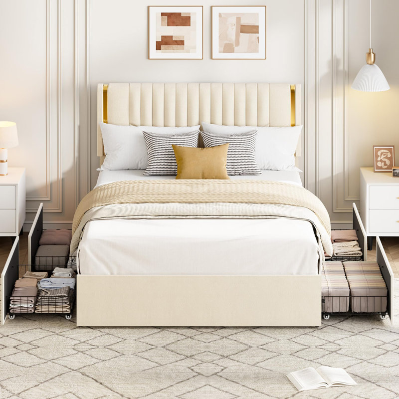 Base de lit pleine grandeur avec tête de lit tapissier réglable, lit plateforme capitonné à canal vertical avec 4 tiroirs de rangement, support à lattes en bois, aucun sommier requis, assemblage facile, blanc