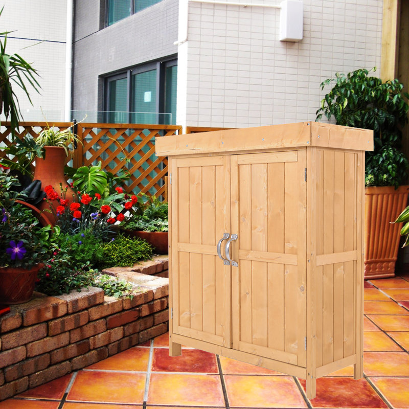 Bouzoun 2 ft. W x 1 ft. D Solid Wood Flat Tool Shed, Brown/Natural Wood