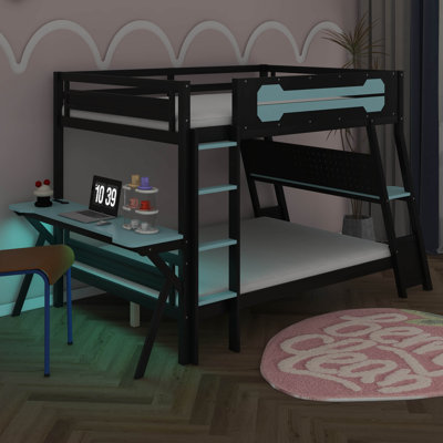 Full Size Bunk Bed With 2 Built-In Desks, USB Desktop Ports & Pegboard Organizer, Wood Bunk Frame For 2 Kids Teens Adults