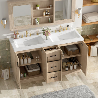 [Viedo] Meuble-lavabo double 59 po avec lavabo SMC, 4 portes et 3 tiroirs, meuble-lavabo moderne en bois aggloméré avec tablettes réglables, portes à fermeture en douceur et glissières cachées