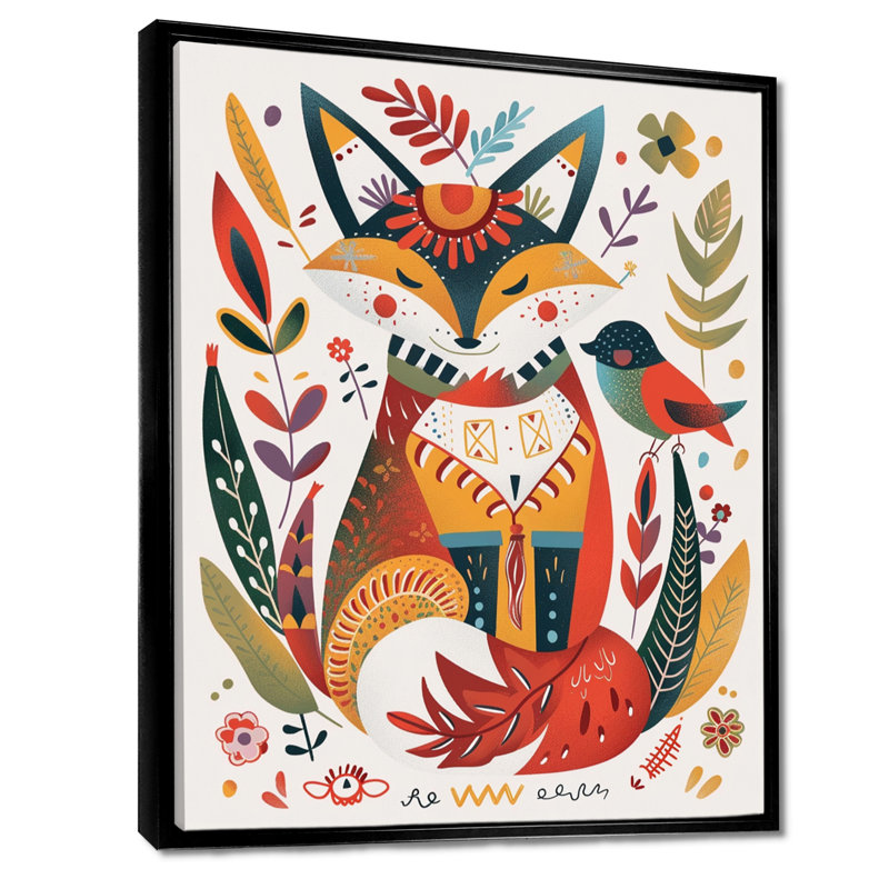 Art mural coloré renard boho coloré dans une forêt rétro II, H 20 po x l 12 po, Toile flottante noire encadrée
