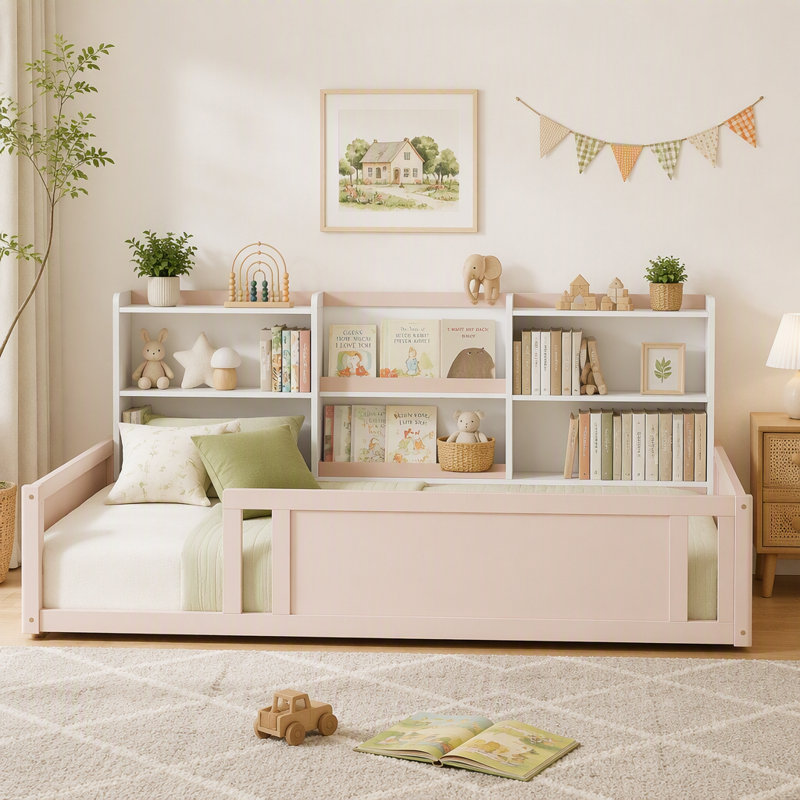 Lit plateforme pleine grandeur en bois avec barrière de sécurité et tablettes de rangement pratiques, Double, Crème, blanc