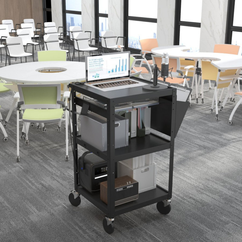 3-Tier Steel 4-Wheeled Workstation Cart in Black with 220 lbs. Capacity