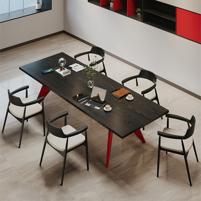 Black + Red Rectangular Solid Wood + Carbon Steel desk