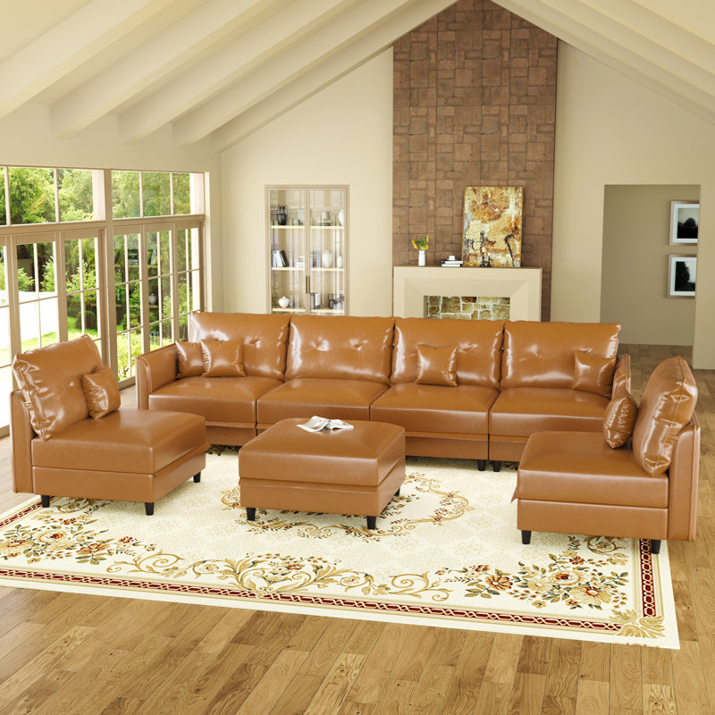 Canapé avec méridienne réversible avec repose-pieds Breseis, Brown Faux Leather