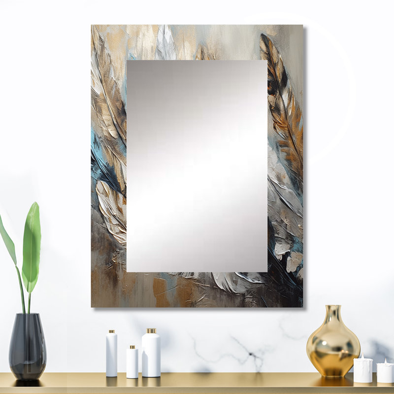 Gold Feather Extravaganza II - Glam Feather Unique Wall Mirror, Modern Mirror, Printed Metal Art, 32" x 24"