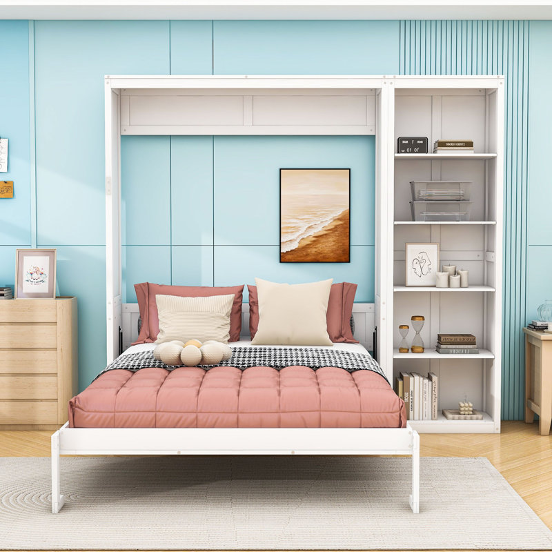 Wood Murphy Bed with Multi-Function Shelves, Full, White