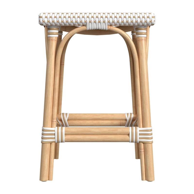 Riviera Gray/White Dot 24"H Square Rattan Counter Stool, White/Tan
