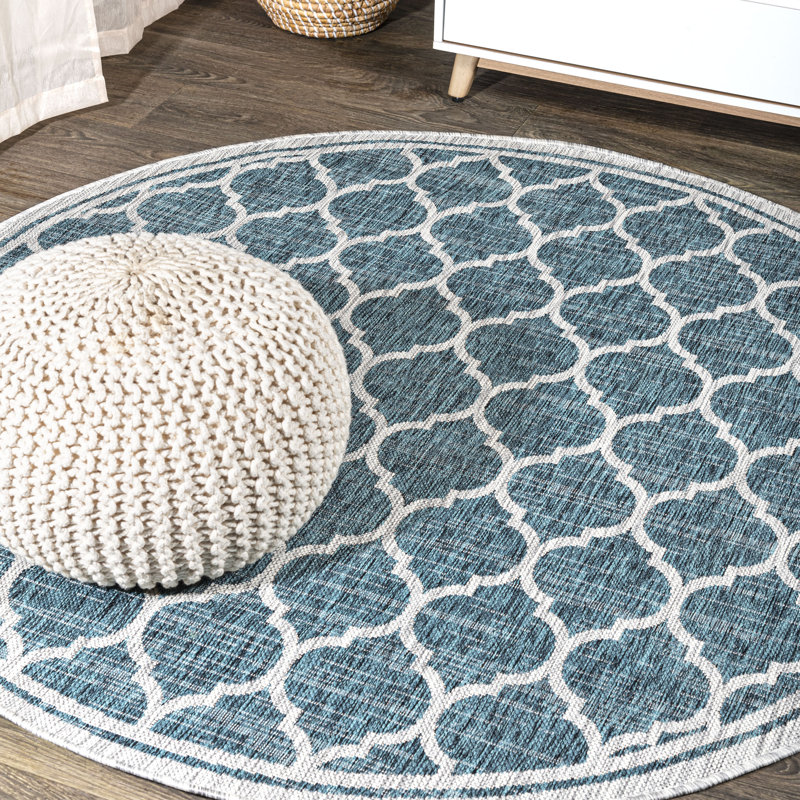 Hague Moroccan Trellis Textured Weave Teal/Gray Indoor/Outdoor Rug, Round 6'7"