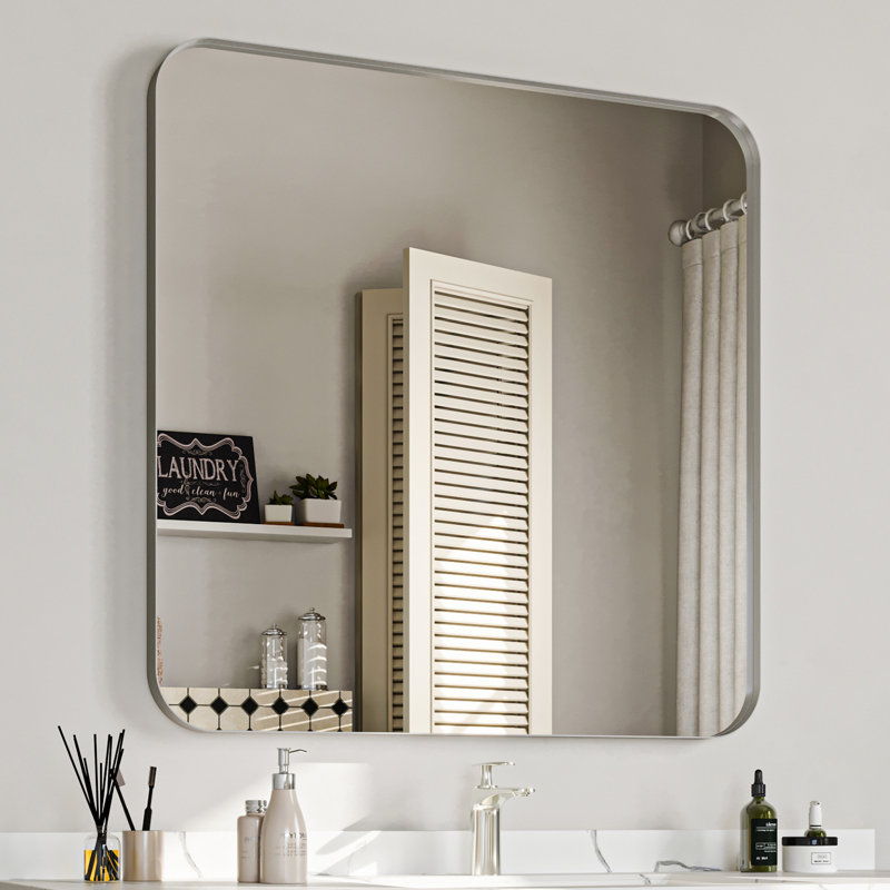 Rectangular Aluminum Framed Wall Bathroom Vanity Mirror, Brushed Silver, 32" x 24"