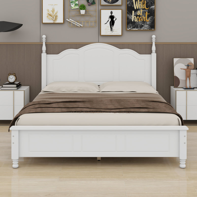 Structure de lit plateforme en bois, lit plateforme de style rétro avec support en lattes de bois, Blanc