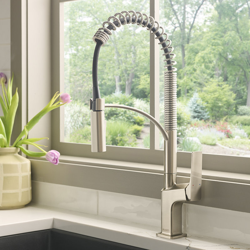 Ruvati Seneca Stainless Steel Single Handle Pull Down Kitchen Faucet Modern Sharp Style with Pre-Rinse Sprayer