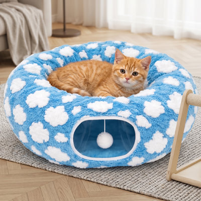 Round Cat Donut Tunnel Bed with Washable/Removable Cushion, Non-Slip Base, 33.5", for Cats, Kittens, Small Pets