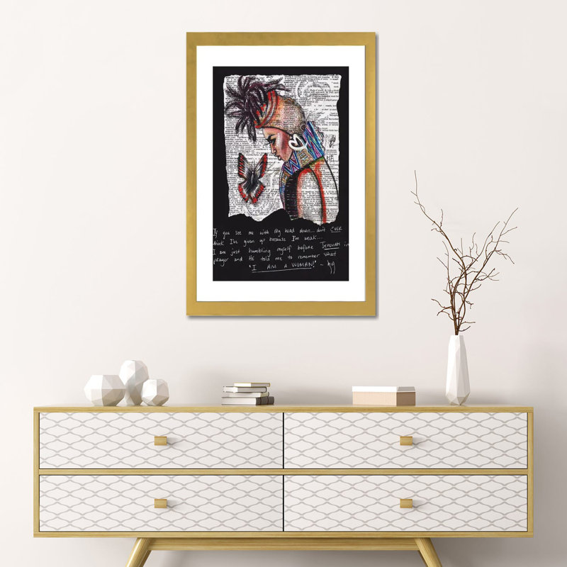 «I Am a Woman» par l'artiste Ria - impression d'art graphique, H 24 po x l 16 po x P 1 po, Blanc, Papier encadré doré