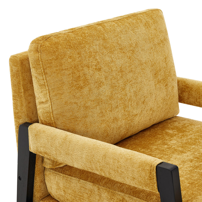 Chaise en chenille rembourrée de style Mid-Century - Assise en bois massif jaune matelassé, Jaune