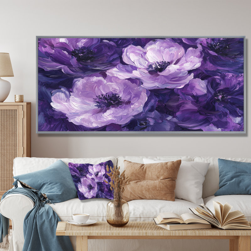 Pivoines mauves, danse de l'élégance I - pivoines, art mural, H 28 po x l 60 po, Encadrement argenté
