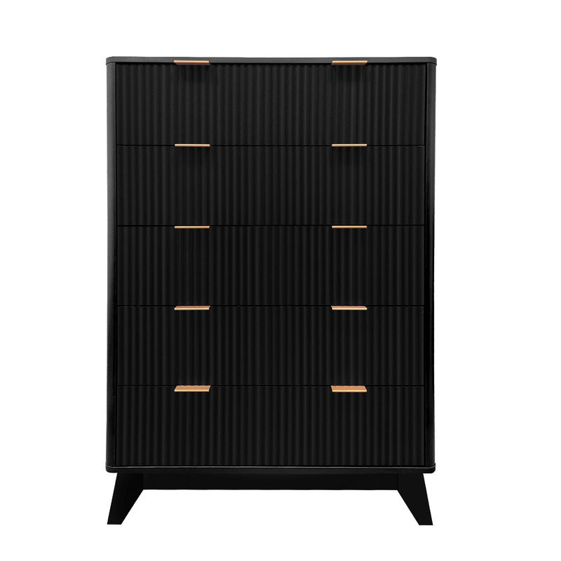 Fluted 5 Drawer Dresser, 48" Tall Wood Chest of Drawers, Curved Edge Modern Storage Cabinet for Bedroom, Living Room, Entryway, Black
