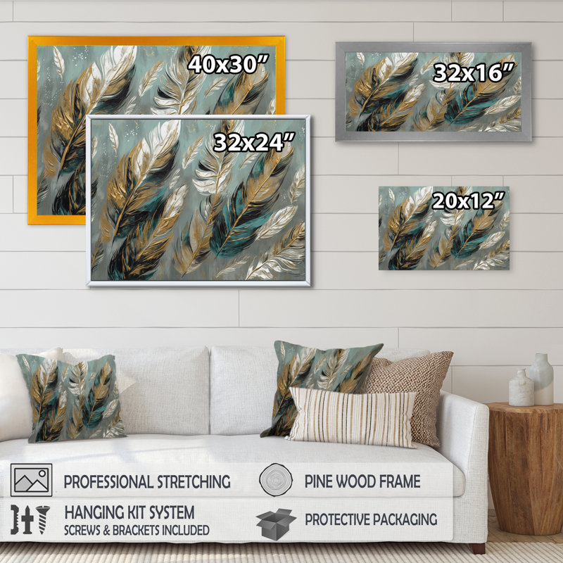 Impression sur toile Gyden Gold Feather Extravaganza I, H 12 po x l 20 po x P 1 po, Cadre flottant doré