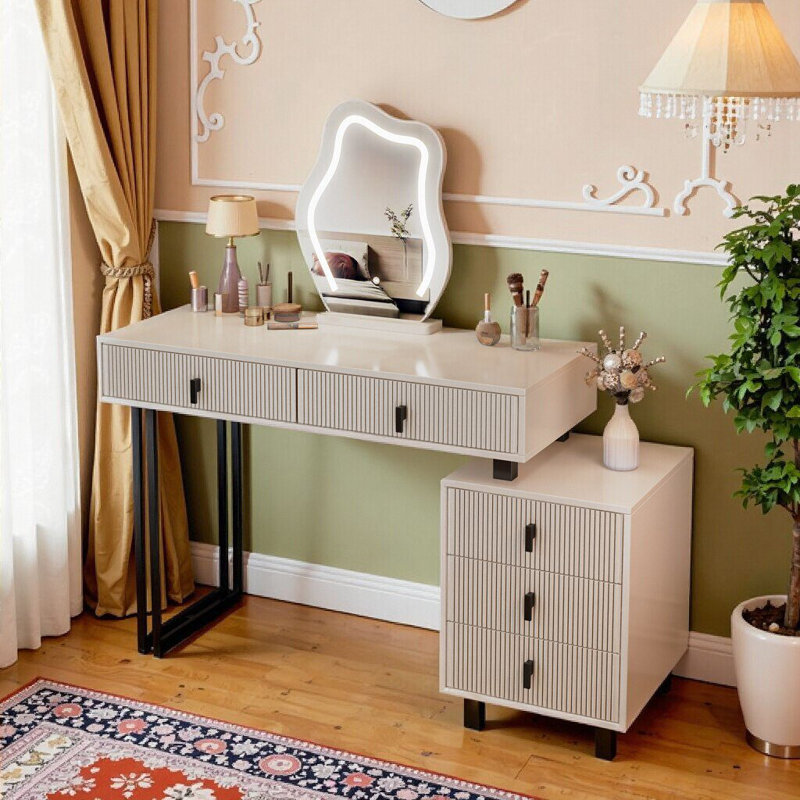 Adjustable Vanity With Led Mirror - Modern Makeup Table With Storage Drawers & Side Cabinet For Bedroom