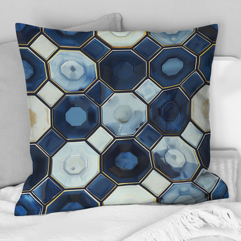 Coussin bleu et beige Midcentury Hexagon Print III - Midcentury, H 16 po x l 16 po