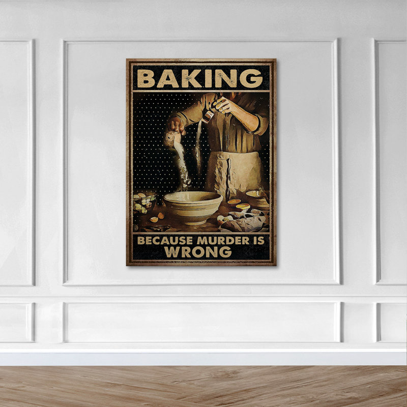 Baking Because Murder Is Wrong Gallery Wrapped Canvas - Baking Illustration Decor, Beige And Black Kitchen Decor