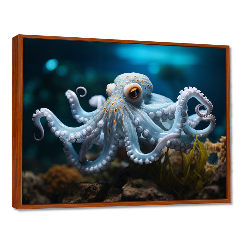 Blue Octopus Serene submersion - impression, H 34 po x l 44 po x P 1,5 po, Cadre flottant brun