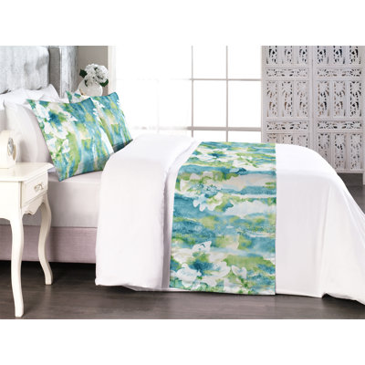 Ambesonne Fashion Bed Runner Set Abstract Grungy Flowers Art Dark Teal and Almond Green