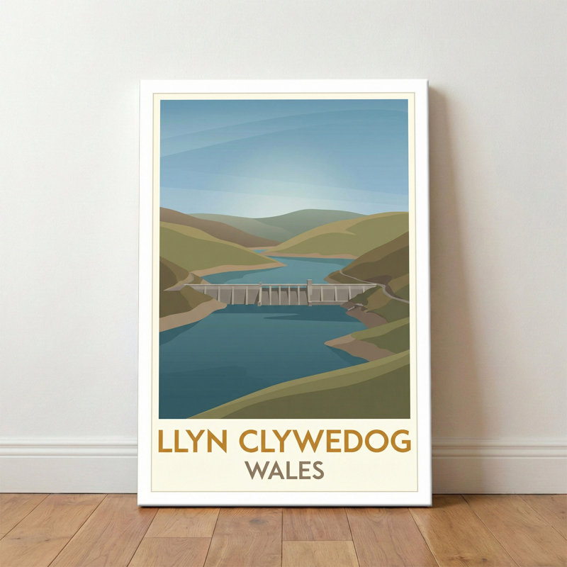 Llyn Clywedog, Wales - Romantic Reservoir and Rolling Hills Travel Poster. Giclee Print on Wrapped Canvas. Wall Art, Home Decor - Natural Landmarks, Wales 1 Piece Wrapped Canvas Wall Art