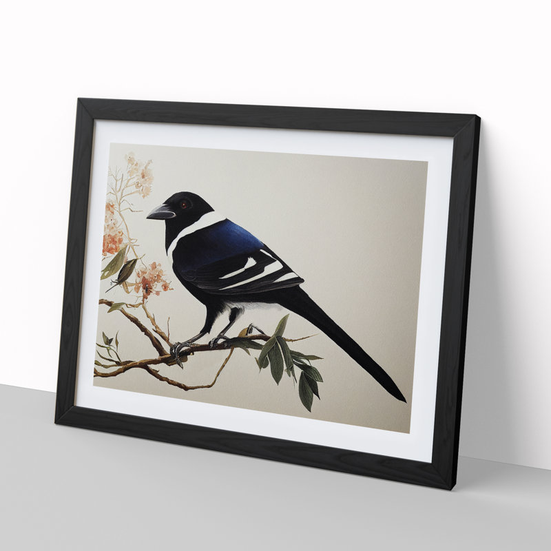Magpie Bird Watercolour Vol.3 - Single Picture Frame Print, Black, 46cm H x 64cm W x 2cm D