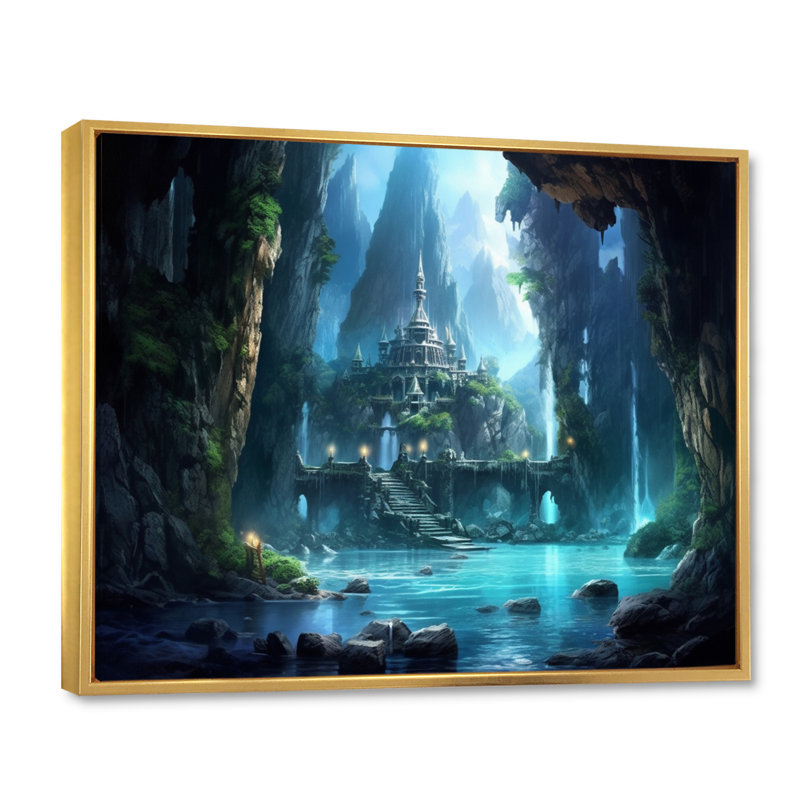 Château caché sur toile, H 24 po x l 32 po x P 1 po, Cadre flottant doré