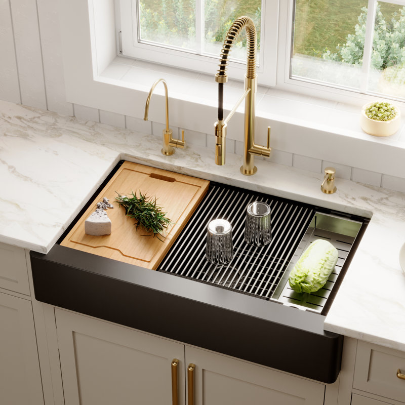 Karran Quartz 34'' X 21-1/4'' Single Bowl Retrofit Farmhouse Apron Front Workstation Kitchen Sink, Black