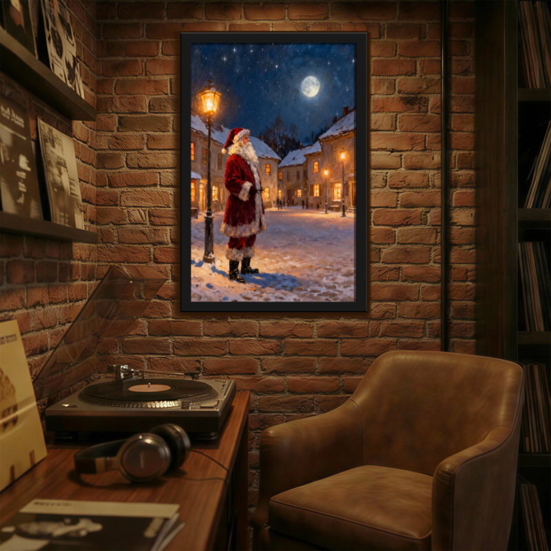 Père Noël de Noël debout dans une ville enneigée la nuit